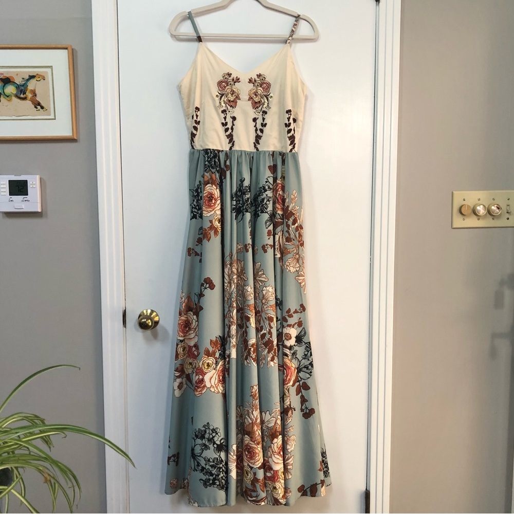 Floral Spaghetti-Strap Maxi Dress in Cream and Sage